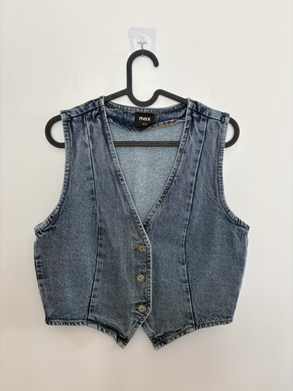 The Circle max sleeveless washed-blue denim waistcoat with a V-neckline and front button-down closure.