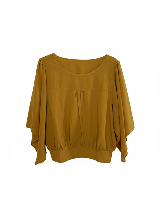 The Circle Forever 21 mustard yellow blouse featuring flowy flutter sleeves and a gathered front detail