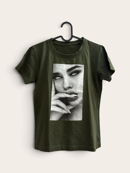 The Circle olive green crew neck t-shirt featuring a bold black and white photographic face print on soft cotton
