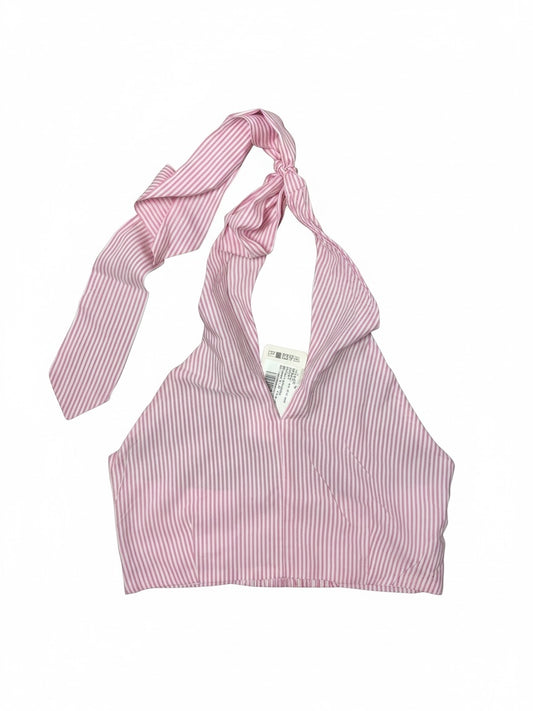 The Circle pink and white striped halter neck crop top with a V-neckline and adjustable tie-neck detail.