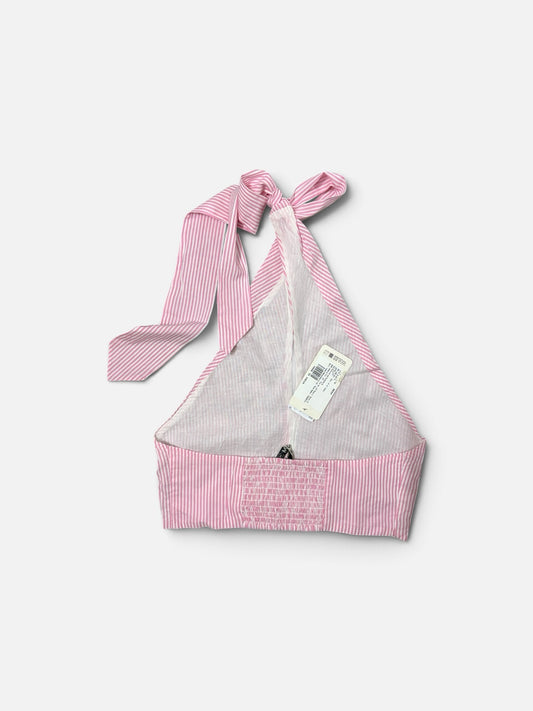 The Circle pink and white striped halter crop top with a smocked back panel and adjustable tie-neck detail.