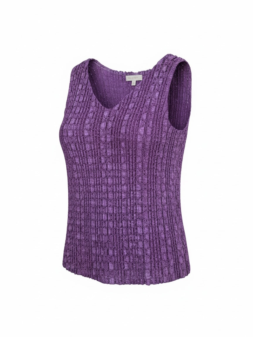 The Circle deep purple sleeveless V-neck top in a textured crinkle fabric with a flattering pleated-style finish.