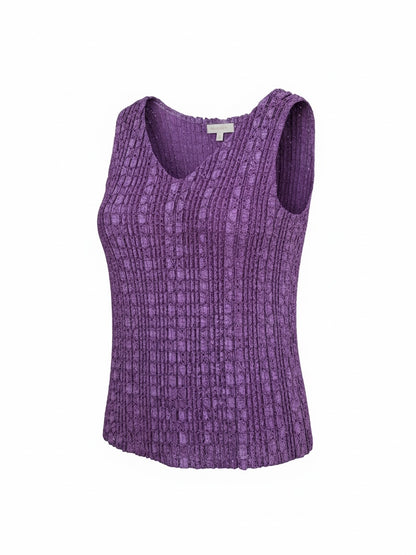 The Circle deep purple sleeveless V-neck top in a textured crinkle fabric with a flattering pleated-style finish.