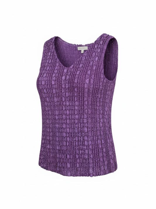 The Circle deep purple sleeveless V-neck top in a textured crinkle fabric with a flattering pleated-style finish.