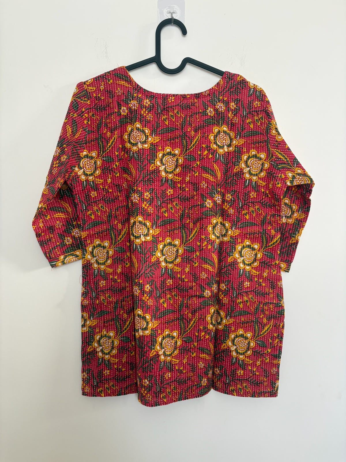 The Circle red cotton kurta with yellow and green floral block prints and kantha-style vertical stitching