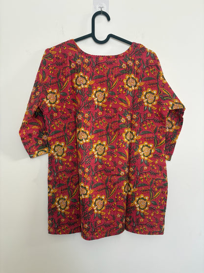 The Circle red cotton kurta with yellow and green floral block prints and kantha-style vertical stitching
