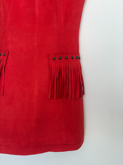 The Circle red suede-look mini dress featuring a front patch pocket with fringe trim and metal stud detailing.