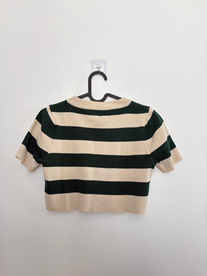 The Circle striped knit short sleeve crop top in forest green and cream with a ribbed crew neckline.