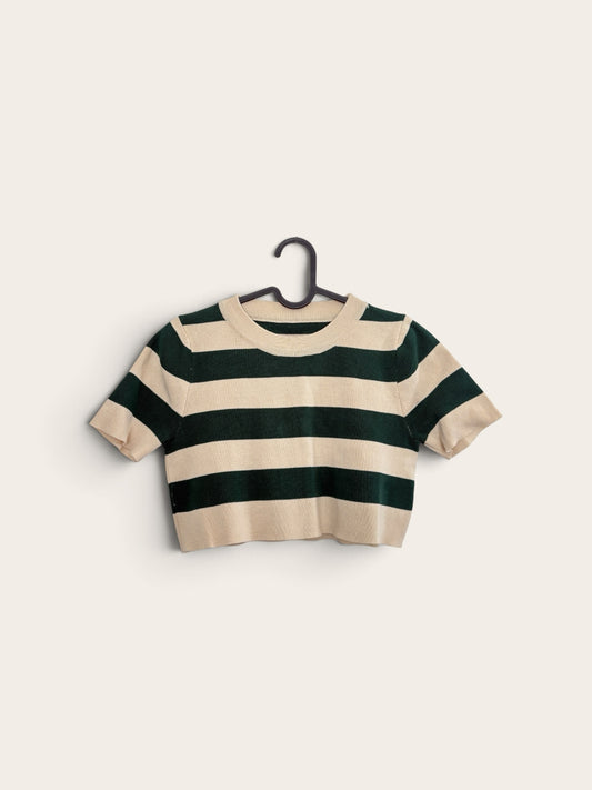 The Circle striped knit short sleeve crop top in forest green and cream with a ribbed crew neckline.