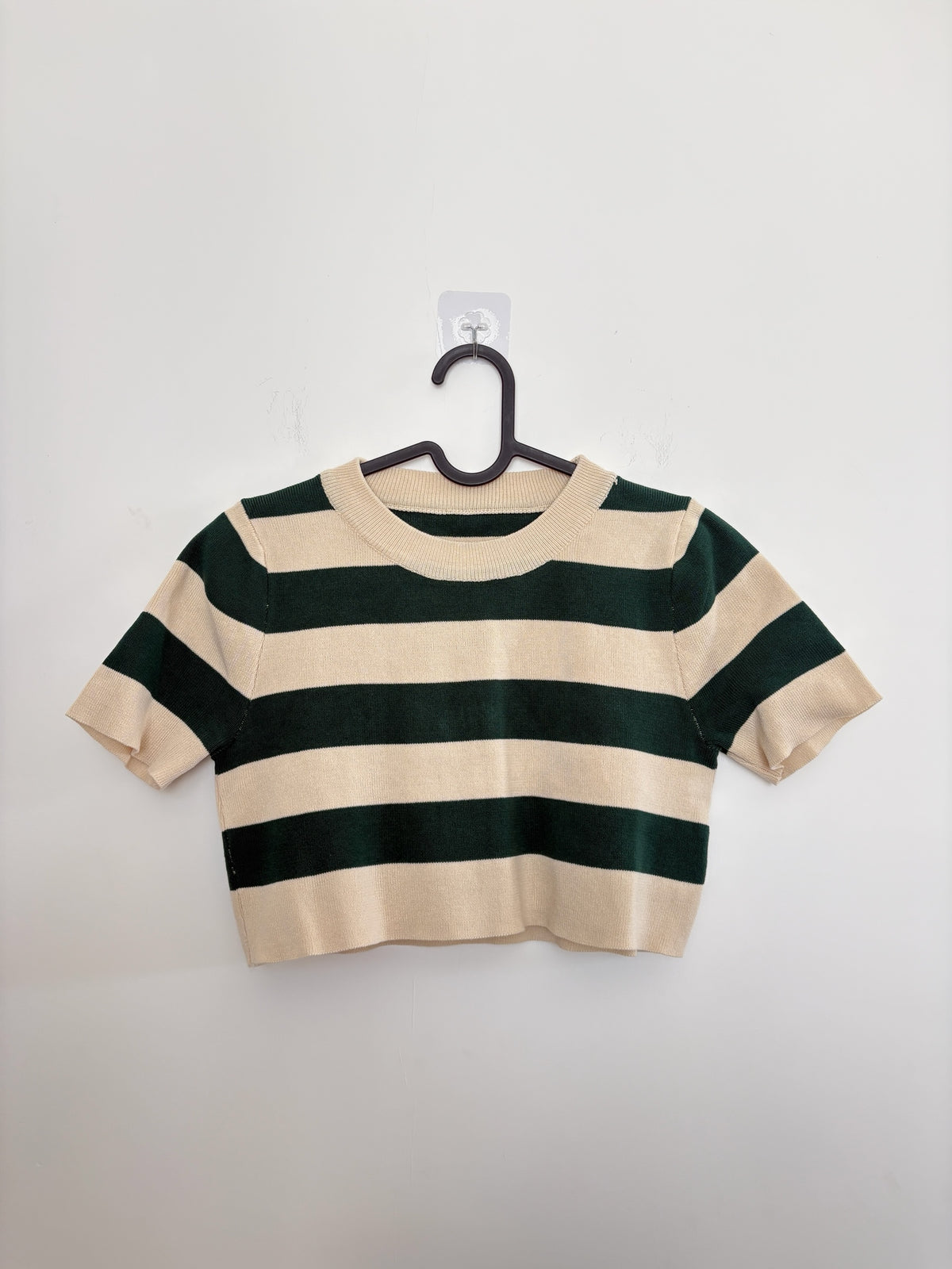 The Circle striped knit crop top in forest green and cream with a crew neckline and short sleeves on a hanger