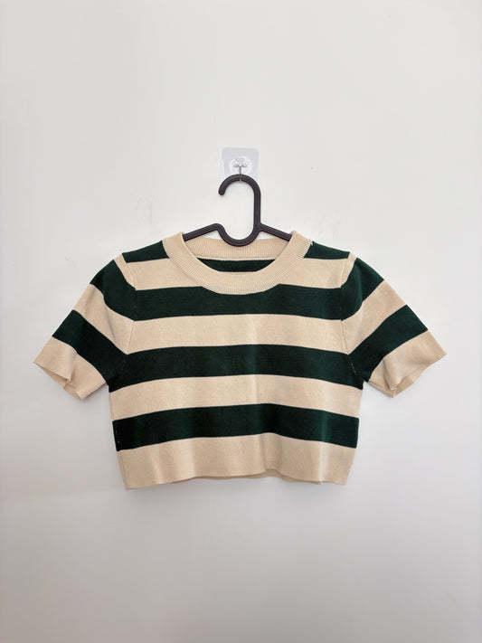 The Circle striped knit crop top in forest green and cream with a crew neckline and short sleeves on a hanger