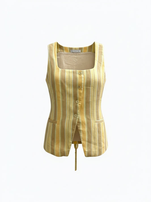 The Circle sleeveless waistcoat in yellow and cream striped linen-blend with a square neckline and button-down front.