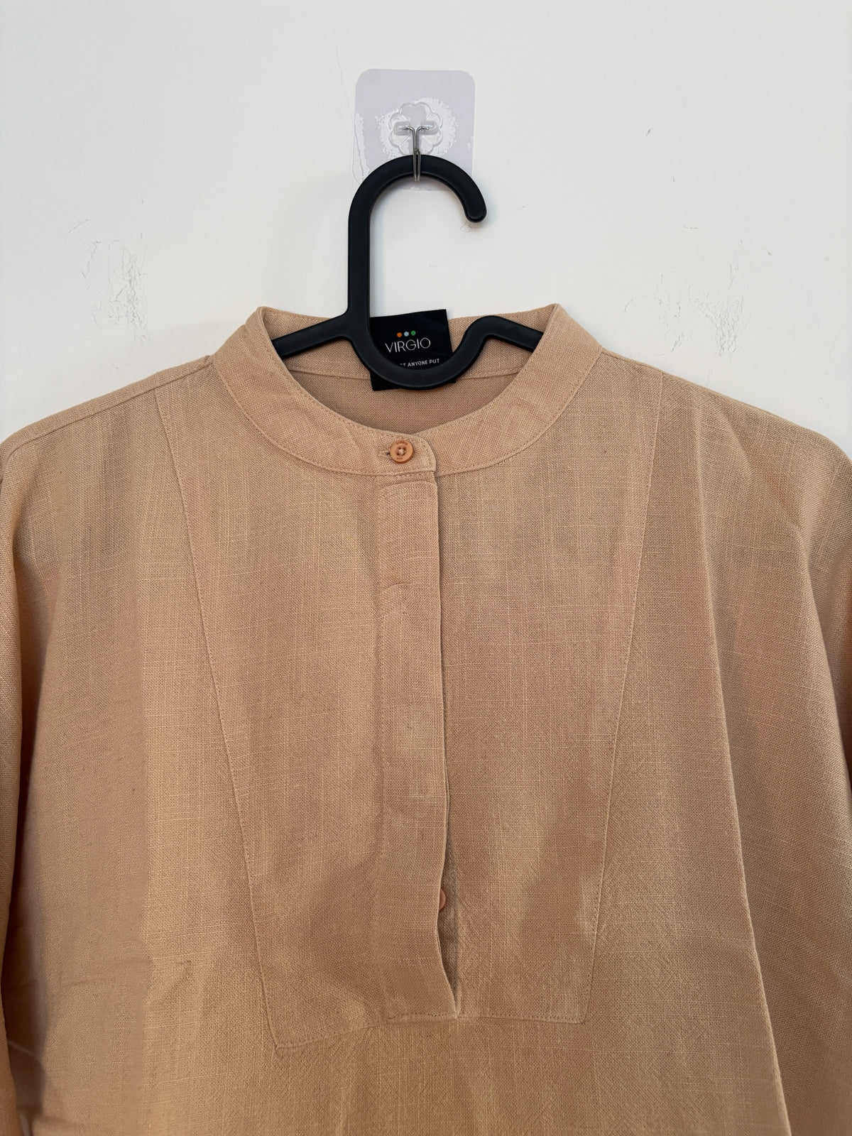 The Circle VIRGIO beige linen-blend boxy top featuring a mandarin collar and minimalist button-down placket.