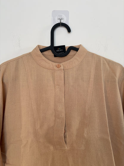 The Circle VIRGIO beige linen-blend boxy top featuring a mandarin collar and minimalist button-down placket.